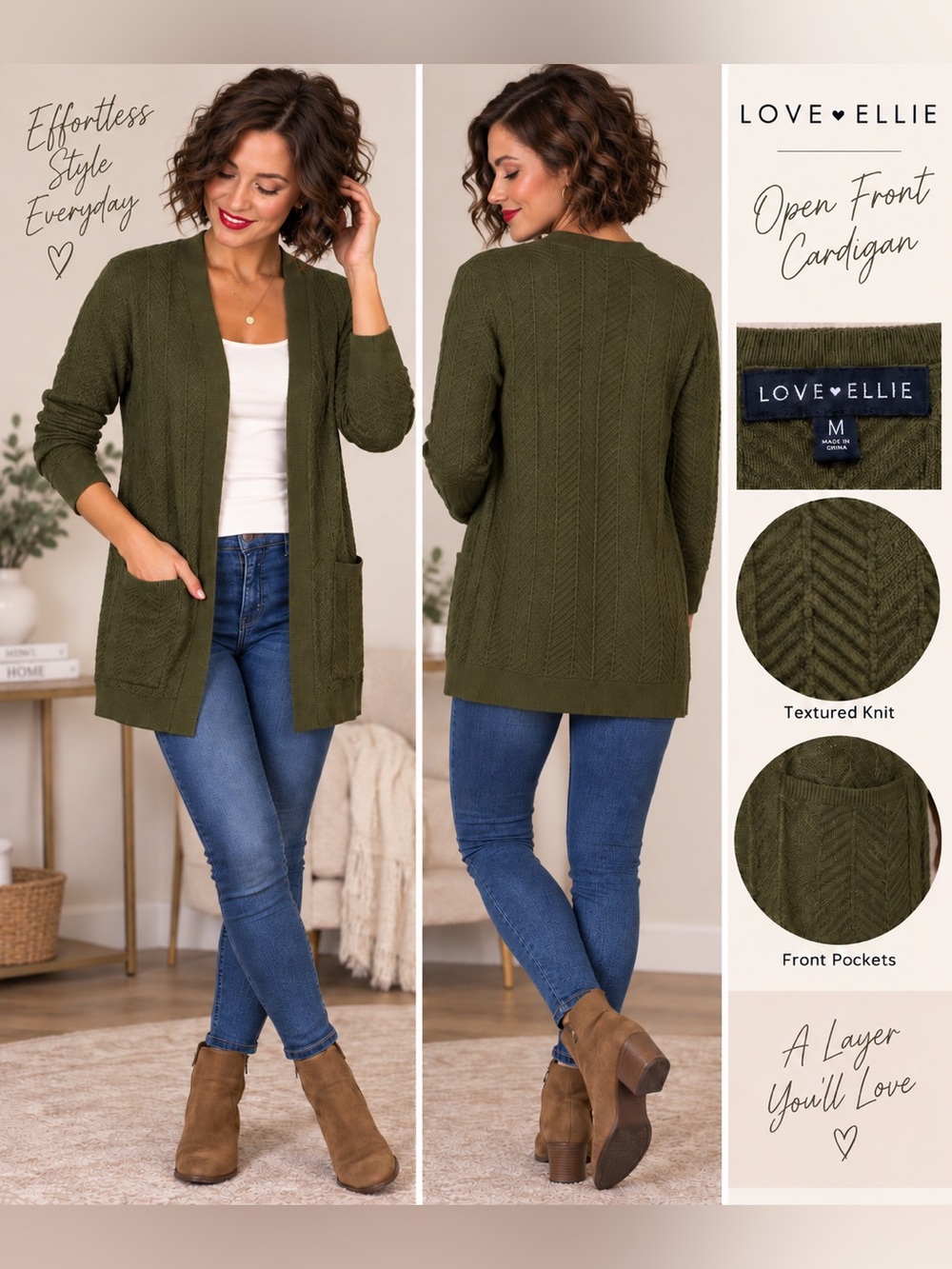 Love Ellie Olive Green Textured Long Open Front Cardigan Sweater M